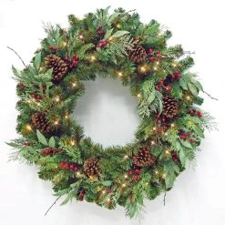 Home Accents Holiday 36 in. Woodmoore Battery Operated Mixed Pine LED Pre-Lit Artificial Christmas Wreath with Timer