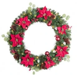 Home Accents Holiday 36 in. Berry Bliss Battery Operated Mixed Pine LED Pre-Lit Artificial Christmas Wreath with Timer
